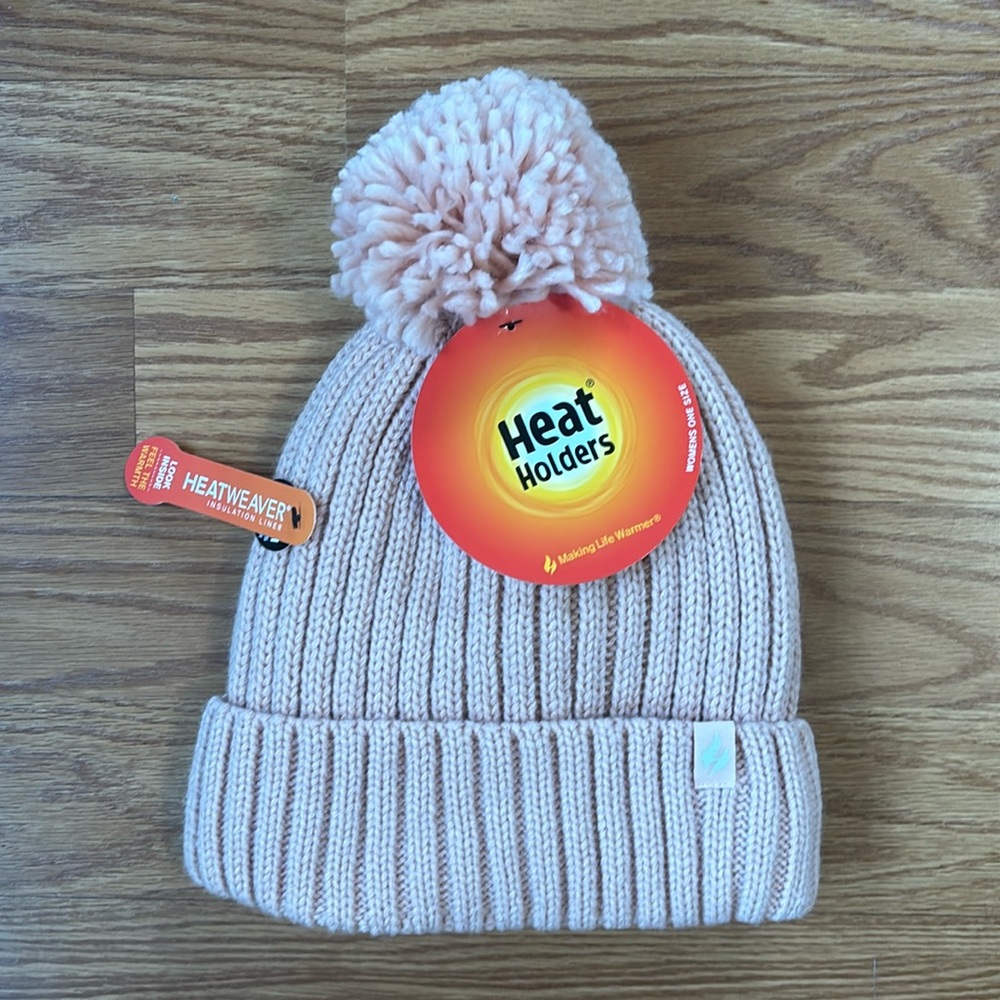 NWT‎ Heat Holders Pink Thermal Hat w/ Heatwaver Insulation & Pom Pom One Size